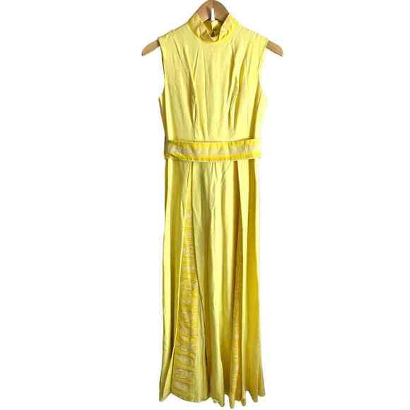 Vintage Dresses & Skirts - Vintage Yellow Dress 70s Pleated High Neck Belted Embroidered Sleeveless Maxi
